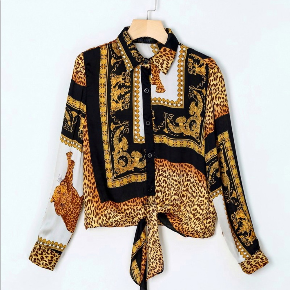 Leopard Print Design Long Sleeve Button Up Top